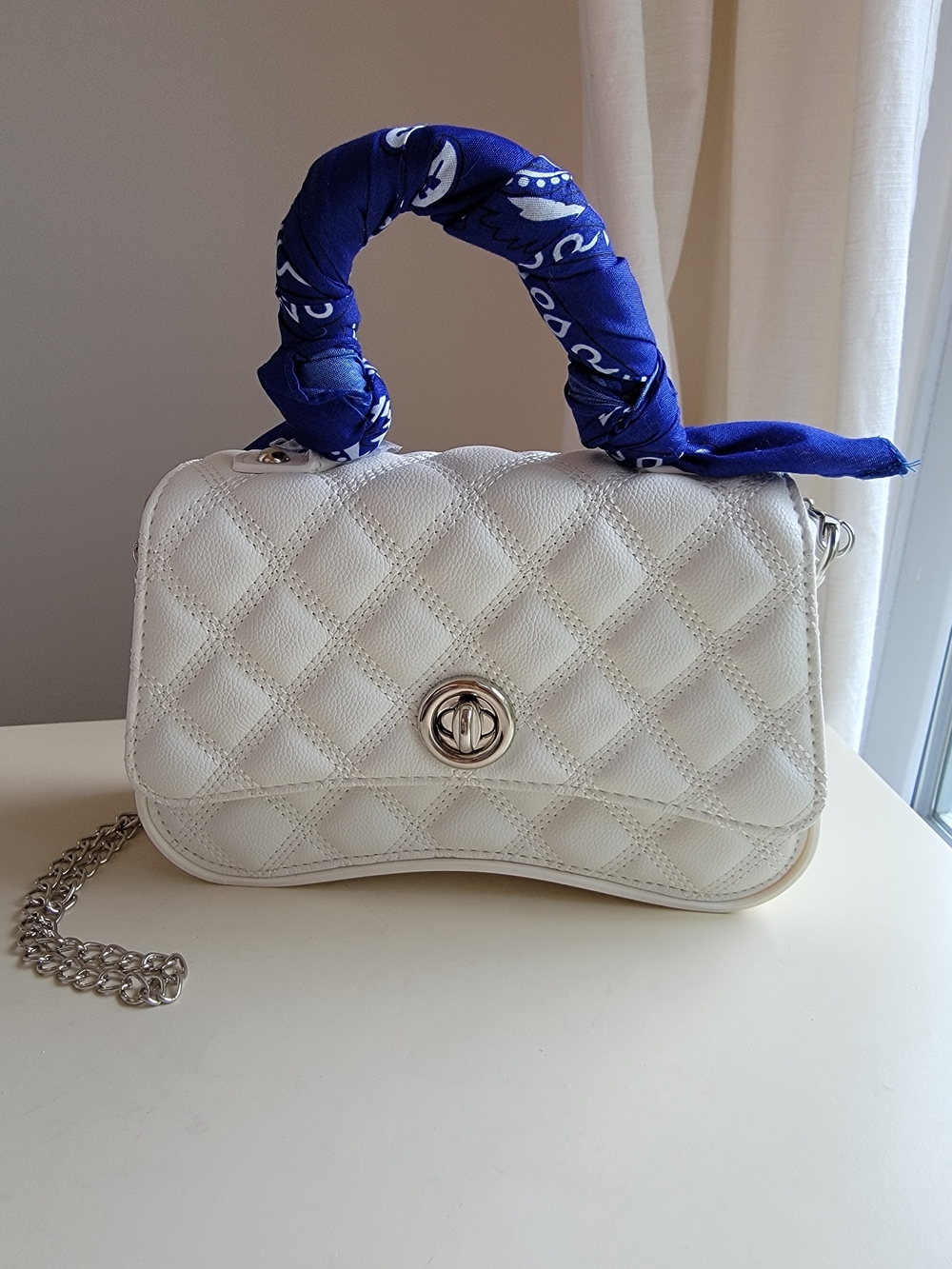 White Quilted Crossbody Bag with Silver Chain
